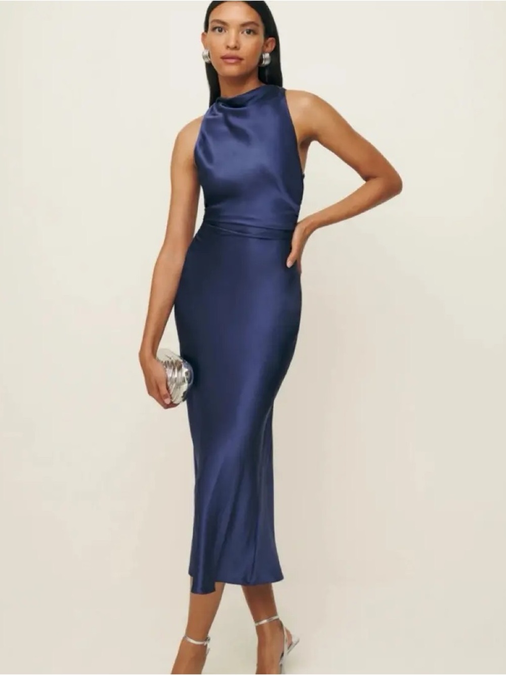 Reformation Cassette Blue Iris Silk High-Neck Midi Dress